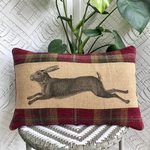Tartan Hare bolster cushion cover, Hare rustic burlap and plaid pillow cover, Scottsh theme home, Arts and crafts hare check wool cushion.