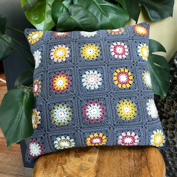 Crochet cushion cover, Hand crochet grey crochet pillow cover, Vintage the accent cushion, Folk Arts and Crafts homeware, Handmade in the UK