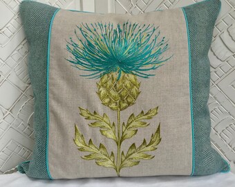Thistle cushion cover, Azure blue embroidery thistle and plaid pillow cover, tweed and embroidery piped flower of Scotland cushion cover
