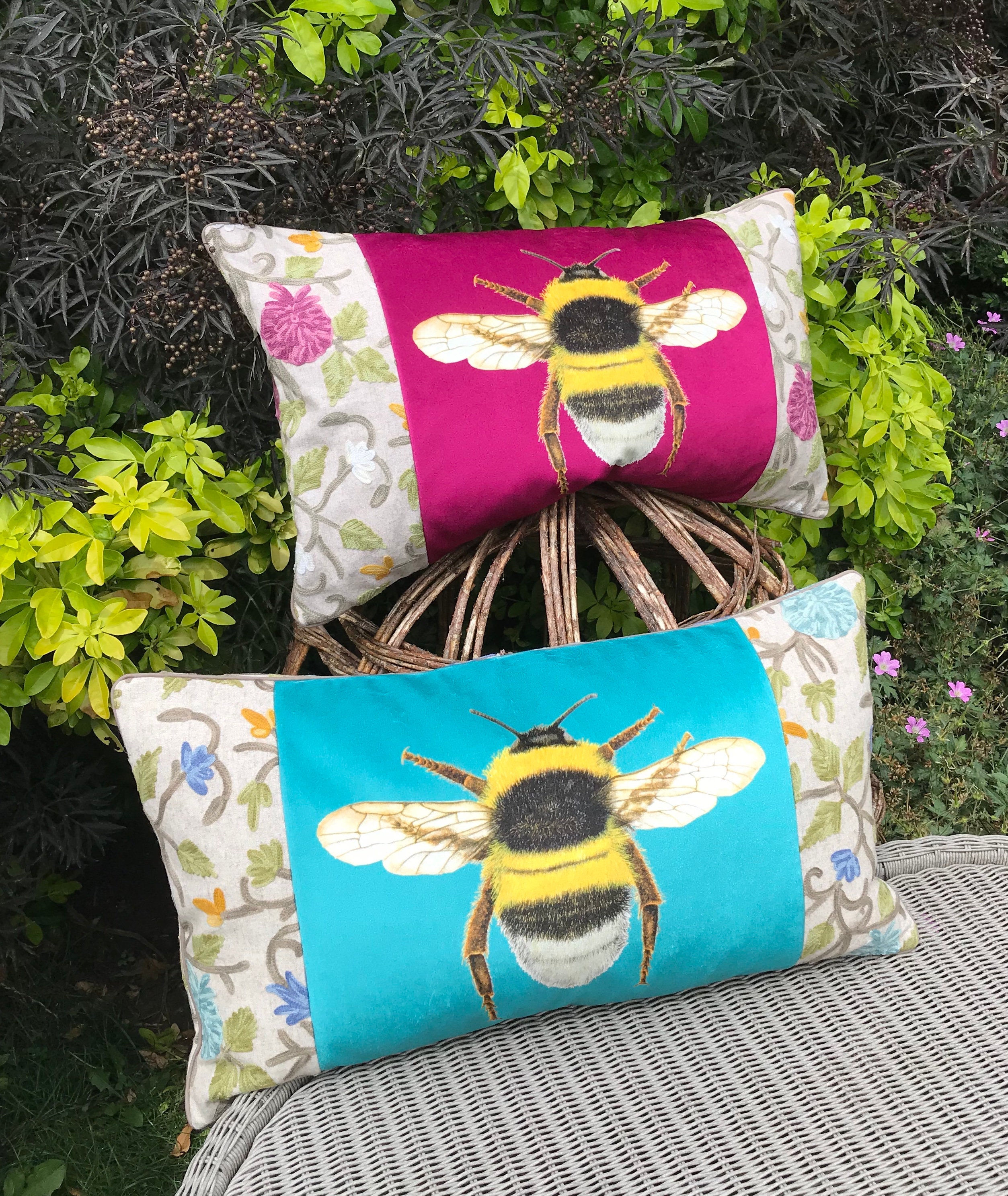 Velvet Bee cushion Tapestry Bee pillow Turquoise Crewelwork Etsy