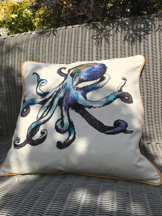 Blue Octopus square cushion cover Octopus Pillow Cover in Cotton Duck