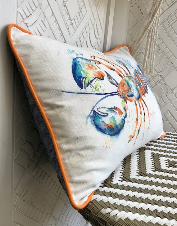 Lobster cushion, Orange and blue lobster pillow, Crustacean sea creature cushion, Cotton and linen Bolster cushion, Piped trim lumber pillow Lobster cushion, Orange and blue lobster pillow, Crustacean sea creature cushion, Cotton and linen Bolster cushion, Piped trim lumber pillow