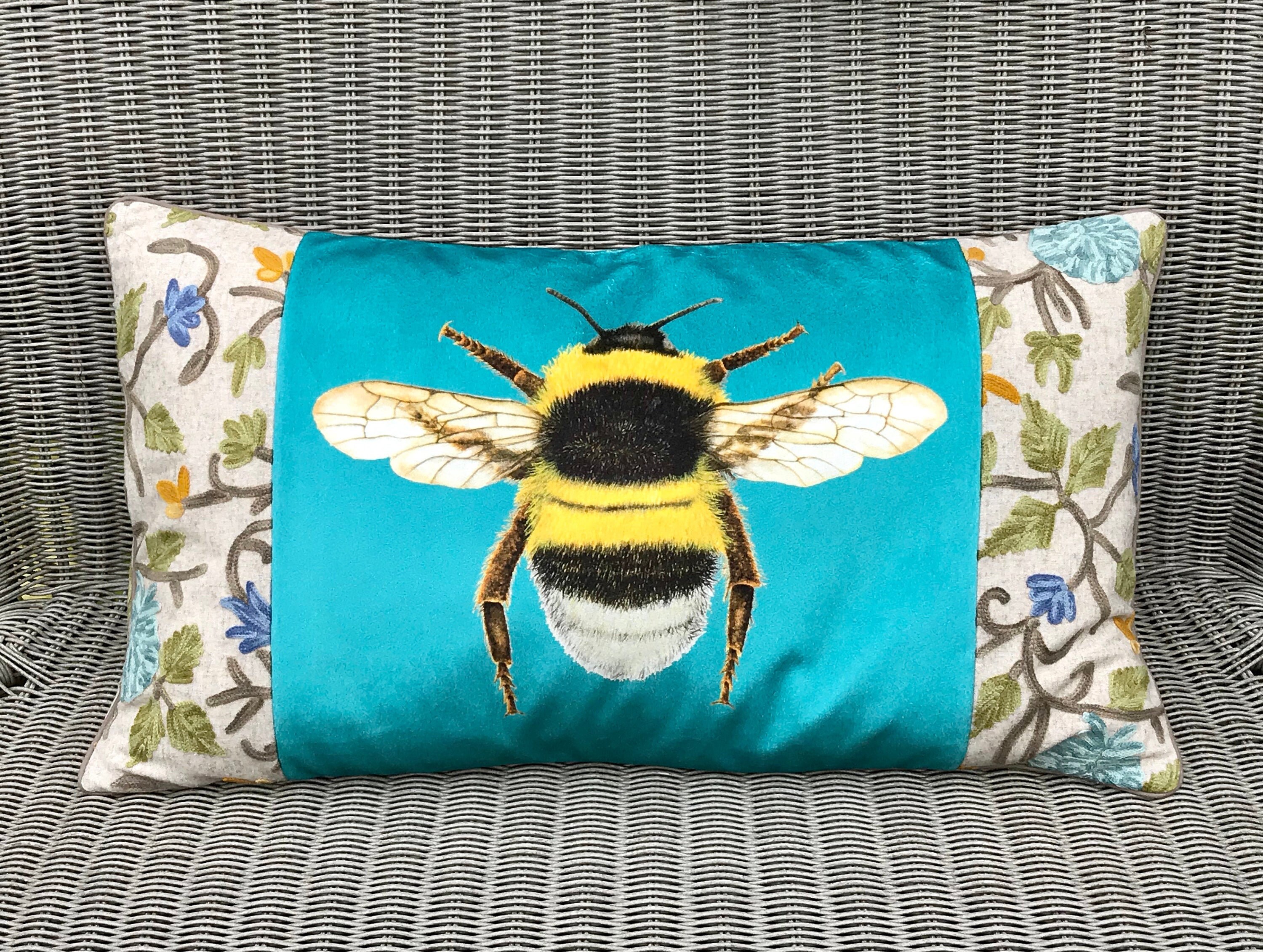 Velvet Bee cushion Tapestry Bee pillow Turquoise Crewelwork Etsy