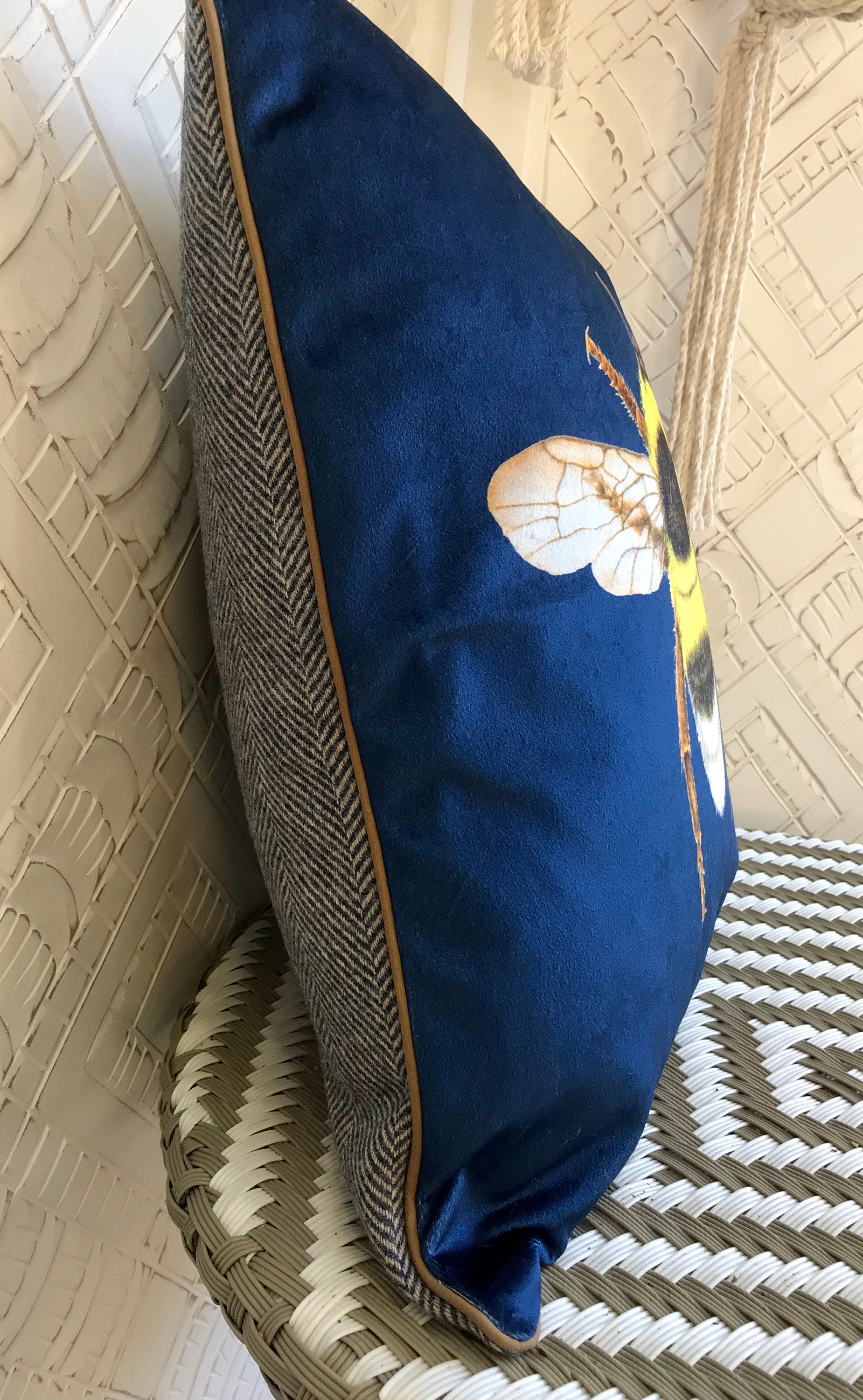 Luxury Navy Velvet and Tweed Bee Cushion Cover Blue Bumblebee Etsy UK