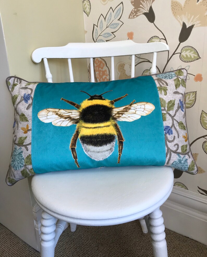 Velvet Bee Cushion Tapestry Bee Pillow Turquoise Crewelwork Etsy