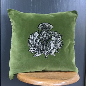 Green Velvet Thistle cushion Cover, Timorous Beasties velvet Scottish thistle piped pillow cover, Metallic Thistle velvet cushion cover