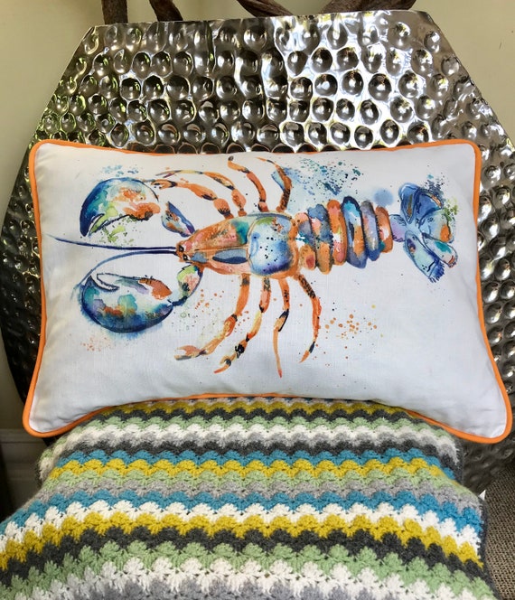 Lobster cushion, Orange and blue lobster pillow, Crustacean sea creature cushion, Cotton and linen Bolster cushion, Piped trim lumber pillow Lobster cushion, Orange and blue lobster pillow, Crustacean sea creature cushion, Cotton and linen Bolster cushion, Piped trim lumber pillow