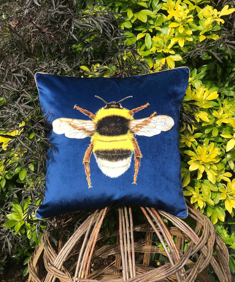 Luxury Navy Velvet and Tweed Bee Cushion Cover Blue Bumblebee Etsy