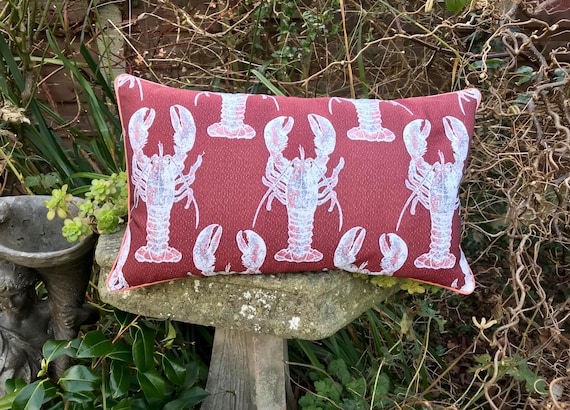 Lobster Bolster cushion, Tapestry fabric Piped Pillow, Rock lobster red and white and copper cushion, Crustacean Seaside theme homeware Lobster Bolster cushion, Tapestry fabric Piped Pillow, Rock lobster red and white and copper cushion, Crustacean Seaside theme homeware