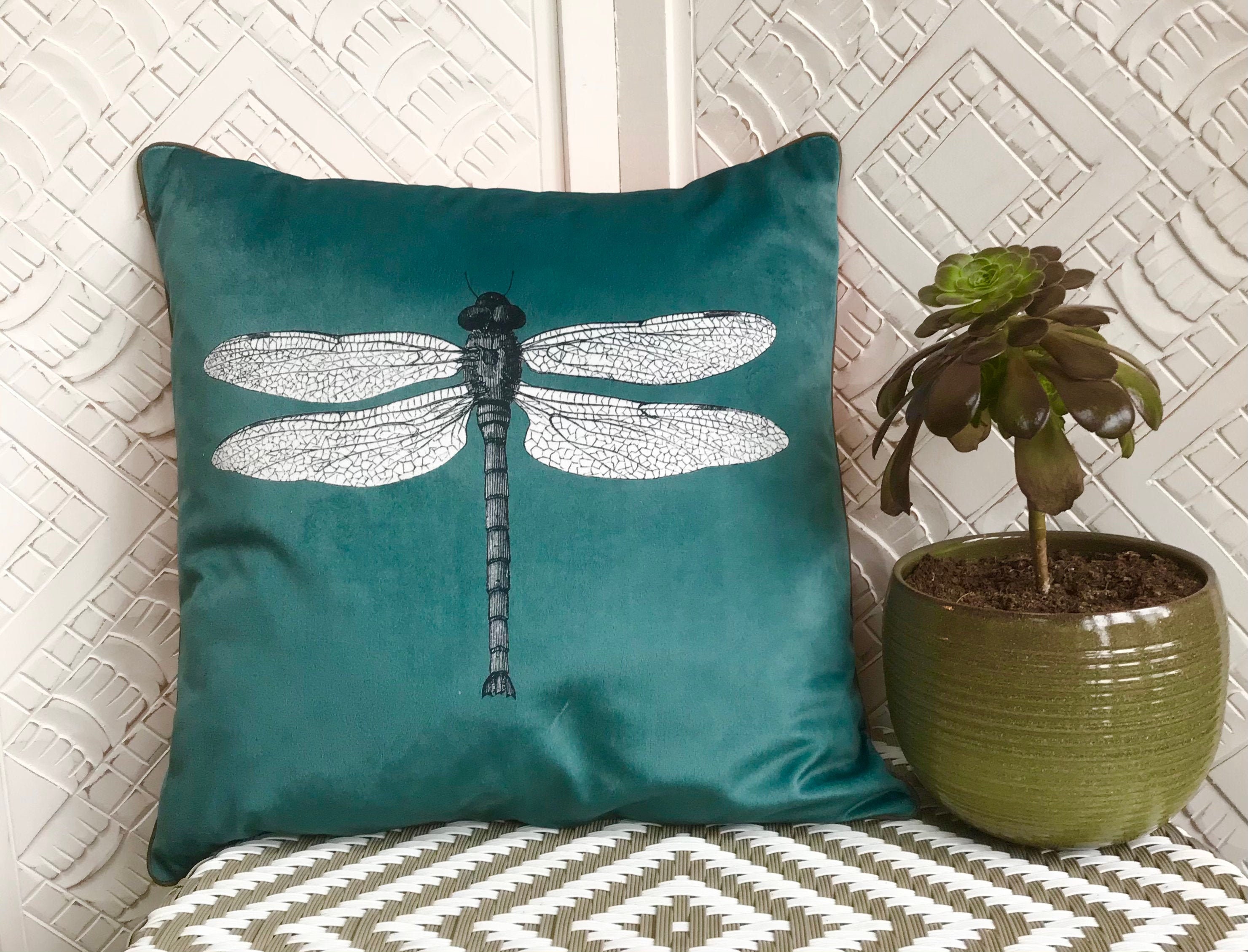 Velvet Dragonfly Cushion Cover Juniper Berry Blue and Orange Etsy UK