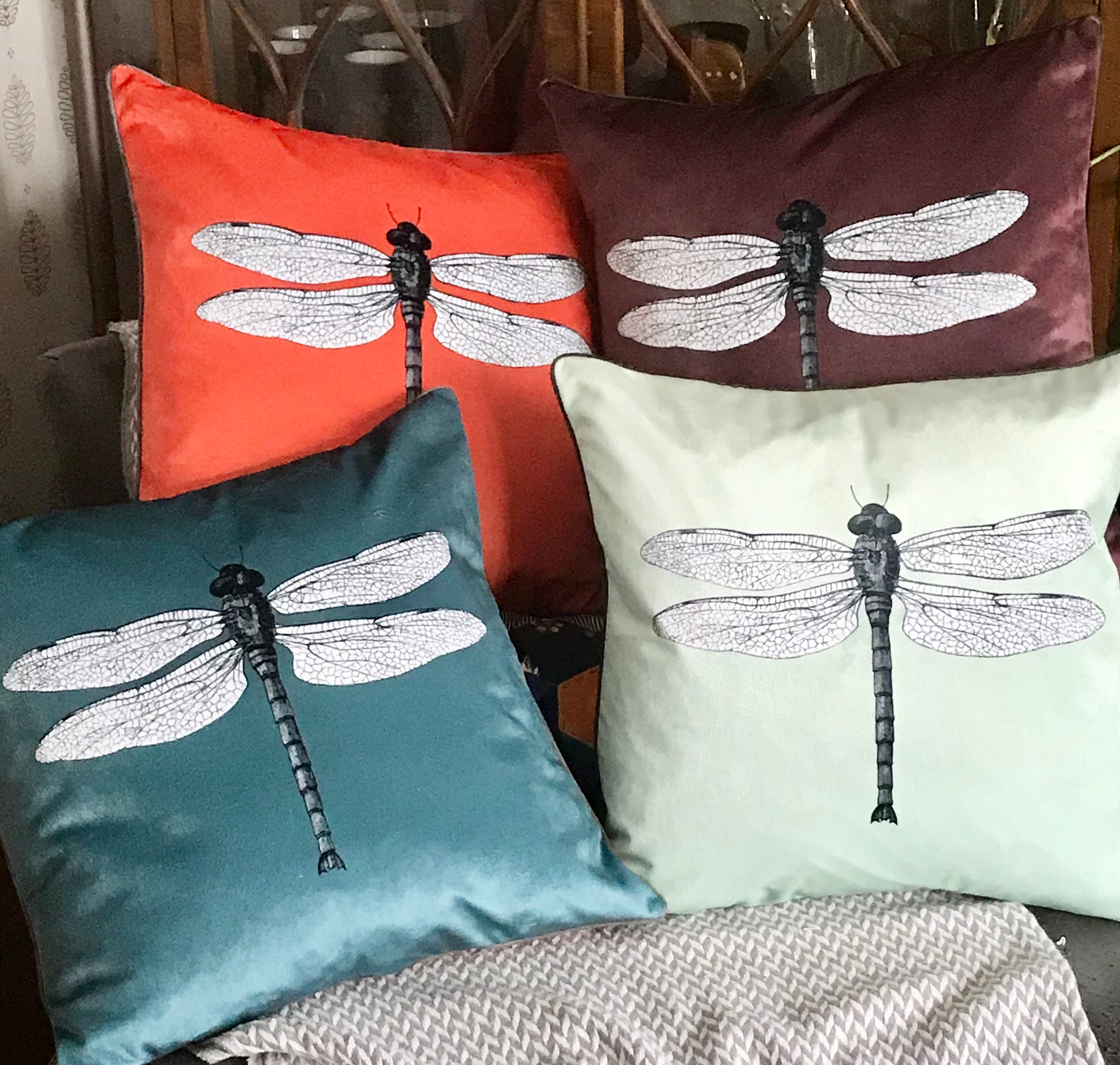 Velvet Dragonfly Cushion Cover Juniper Berry Blue and Orange Etsy UK