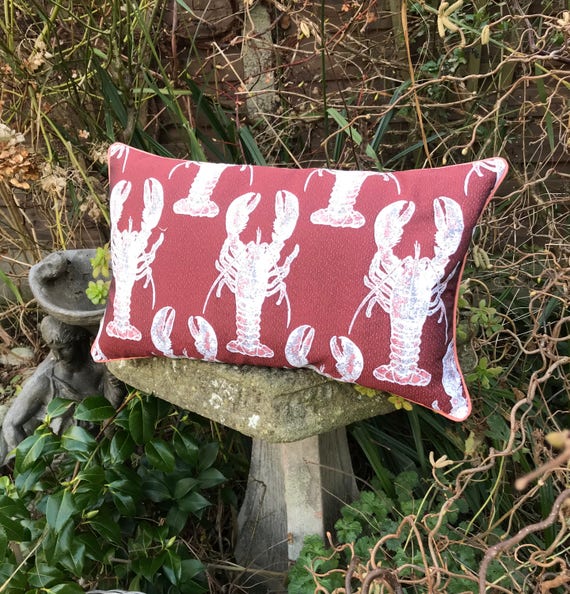 Lobster Bolster cushion, Tapestry fabric Piped Pillow, Rock lobster red and white and copper cushion, Crustacean Seaside theme homeware Lobster Bolster cushion, Tapestry fabric Piped Pillow, Rock lobster red and white and copper cushion, Crustacean Seaside theme homeware
