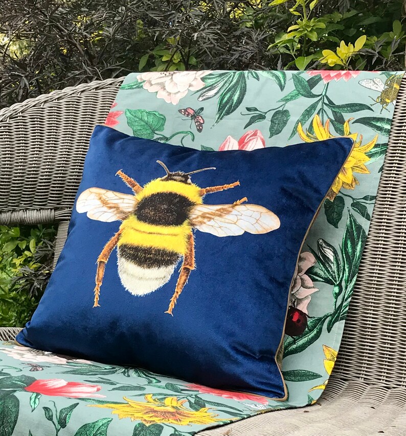 Luxury Navy Velvet and Tweed Bee Cushion Cover Blue Bumblebee Etsy
