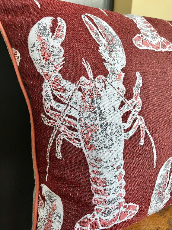 Lobster Bolster cushion, Tapestry fabric Piped Pillow, Rock lobster red and white and copper cushion, Crustacean Seaside theme homeware Lobster Bolster cushion, Tapestry fabric Piped Pillow, Rock lobster red and white and copper cushion, Crustacean Seaside theme homeware