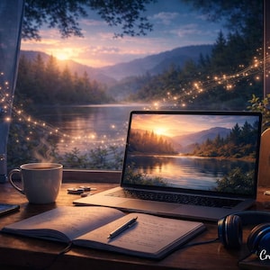 Op de afbeelding: Een laptop toont een zonsondergang boven een meer, met een kopje koffie, een notitieboek, een pen en een koptelefoon op een houten bureau. Een gitaar en een kaars staan op de achtergrond, met feeërieke lichtjes.