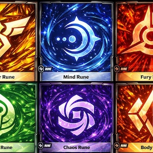 Puede incluir: Seis cartas de temática fantástica con fondos y símbolos brillantes. Las cartas están etiquetadas como "Order Rune", "Mind Rune", "Fury Rune", "Calm Rune", "Chaos Rune" y "Body Rune". Cada carta presenta un diseño único y la palabra "RUNE".