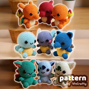 May include: A collection of handmade crochet figures in various colors, including orange, red, blue, and green. The figures have large black eyes and are arranged in three rows. The text "pattern by VinCrafty" is visible at the bottom.
