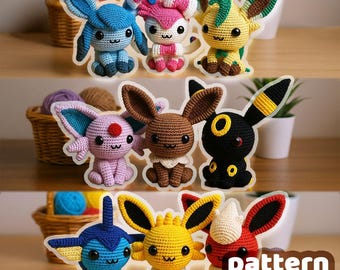 May include: A collection of nine colorful, crocheted Pokémon figures. The figures are arranged in three rows, each featuring a different design with distinct colors like blue, pink, yellow, brown, purple, and black. The image includes the text "pattern by VinCrafty".