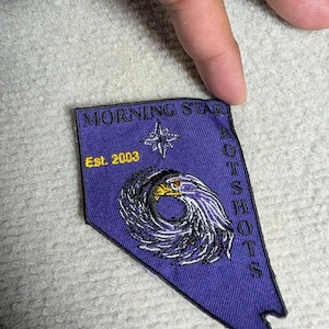 Puede incluir: Un parche morado con el texto blanco "MORNING STAR" y "SHOTS". Presenta una estrella y un diseño de águila, con el texto "Est. 2003". El parche está sostenido por una mano.
