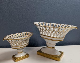 Vintage Reticulated Porcelain Compote Set - Gold Gilded Lattice Candy Dish Pair