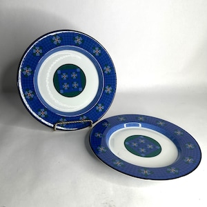 May include: Two blue and white decorative plates. The plates have a blue checkered border with small floral accents. The center of the plates are white with a green square and blue floral design.
