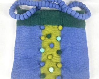 Rising Tide Handmade Felt Ball Wool Boho Colorful Purse W/handles Blues Greens