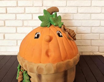 Handcrafted Clay Pumpkin Pie Sculpture | Whimsical Fall Folk Art Centerpiece