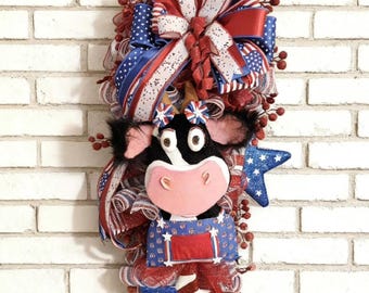 Guirnalda patriótica de vaca para colgar en la puerta / Decoración rústica americana en rojo, blanco y azul