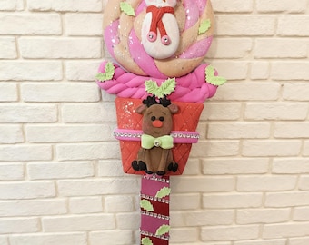 Adorno navideño rosa de renos con forma de piruleta / Decoración navideña de ensueño inspirada en un mundo de dulces.