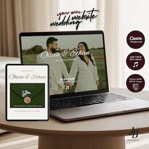 Puede incluir: Un portátil y una tableta muestran una plantilla de sitio web de bodas. La pantalla del portátil muestra una pareja con el texto "Olivia & Ethan" y detalles de la boda. La tableta muestra una invitación de boda. La imagen incluye el texto "your own website wedding".