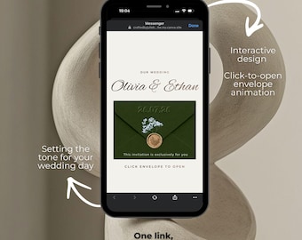 Canva wedding website | Evergreen enevelope | 3-page template | Embossed monogram look | RSVP & timeline