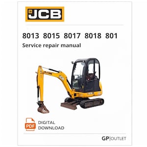 Può includere: Mini escavatore JCB giallo e nero su sfondo bianco. L'immagine include il testo "8013 8015 8017 8018 801 Service repair manual" e il logo JCB. È presente anche un'icona di download digitale PDF.