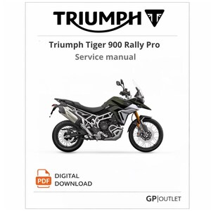 Op de afbeelding: Een servicehandleiding voor de Triumph Tiger 900 Rally Pro motorfiets. De afbeelding toont een gedetailleerde illustratie van de motorfiets, met het Triumph-logo bovenaan. De woorden "Digitale download" zijn ook zichtbaar.