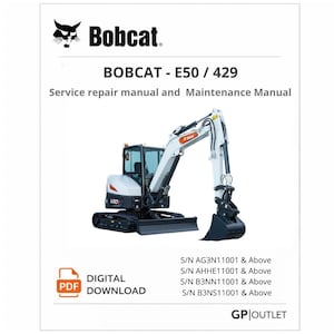 Puede incluir: Un manual de reparación y mantenimiento Bobcat E50 / 429 en blanco y negro. La imagen incluye un icono PDF de descarga digital y el texto "Bobcat" en la parte superior. La imagen también incluye una foto de una pequeña excavadora.
