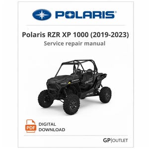 May include: A service repair manual for the Polaris RZR XP 1000 (2019-2023). The cover features a black off-road vehicle with large tires. The Polaris logo is at the top, and the words "DIGITAL DOWNLOAD" are also visible.