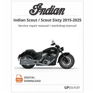 Op de afbeelding: Digitale PDF-download van een service- en reparatiehandleiding voor Indian Scout en Scout Sixty motorfietsen van 2015-2025. De afbeelding toont een zwarte motorfiets met verchroomde uitlaatpijpen en het Indian-logo.