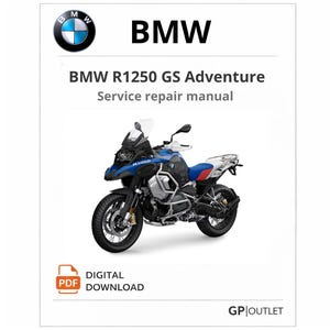 以下が含まれることがあります： BMW R1250 GS Adventure サービス修理マニュアルのデジタルPDFダウンロード。画像には、BMWのロゴが上部に表示された青、黒、白のオートバイが写っています。「BMW R1250 GS Adventure Service repair manual」というテキストが表示されています。
