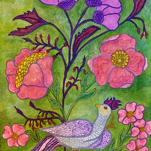 May include: A white bird with purple accents sits on a branch with pink and purple flowers. The background is a green canvas.