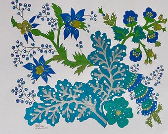 Blue Indienne Leaves - Original art