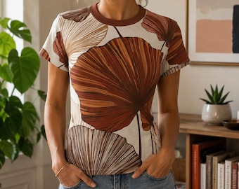Terracotta Ginkgo Leaf Print T-Shirt, Earthy Boho Botanical Top