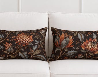 Dark Botanical Floral Lumbar Pillow, Vintage Bedding Collection, Maximalist Style