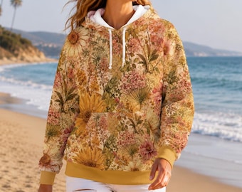 Sunflower Floral Hoodie, Vintage Botanical Pullover, Cottagecore Garden Sweatshirt