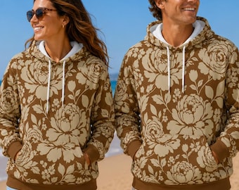 Brauner Floral Pullover Hoodie, Vintage Botanisches Sweatshirt, Erdfarben Cottagecore Stil