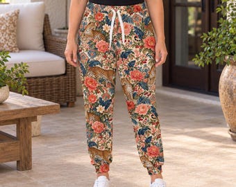 Women's Leopard Floral Joggers – Chinoiserie Garden Print Pants, Vintage Inspired Luxury Athleisure