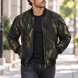 Men's Python Print Bomber Jacket, Dark Reptile Pattern, Black Green Gold