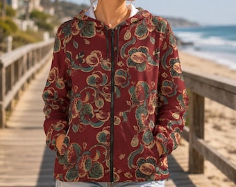 Vintage Floral Windbreaker Jacket, Burgundy Botanical Print, Lightweight Cottagecore Outerwear