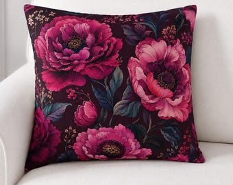 Dark Pink Floral Pillow Sham, Moody Roses, Gothic Botanical Bedding Collection