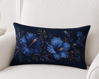 Midnight Blue Botanical Floral Lumbar Pillow, Dark Moody Floral Decor Bedding
