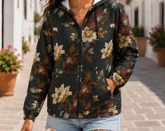 Dark Floral Windbreaker Jacket, Moody Botanical Unisex Jacket, Vintage Flower Print Zip Up, Black Floral Lightweight Jacket