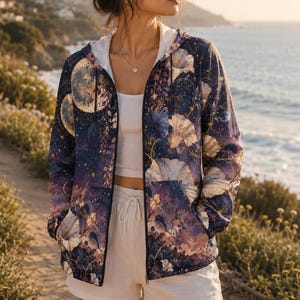 Celestial Moon Floral Windbreaker Jacket, Mystical Cottagecore Botanical Coat